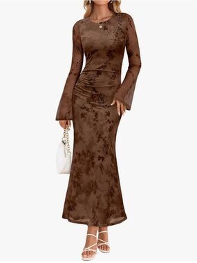 ZESICA Brown Floral Long Sleeve Dress